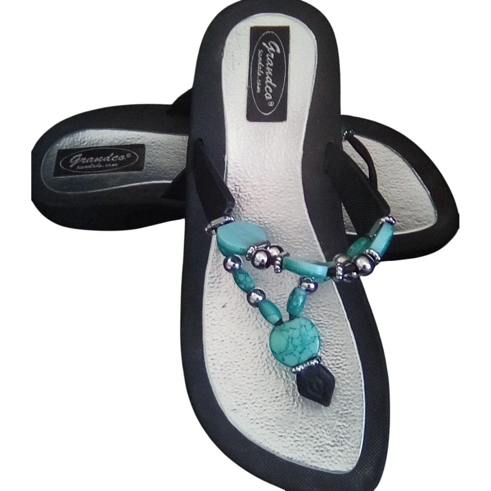 Grandco Womens Beaded F Flop Sandals Turquoise Silver Black HY-0969 Size 7